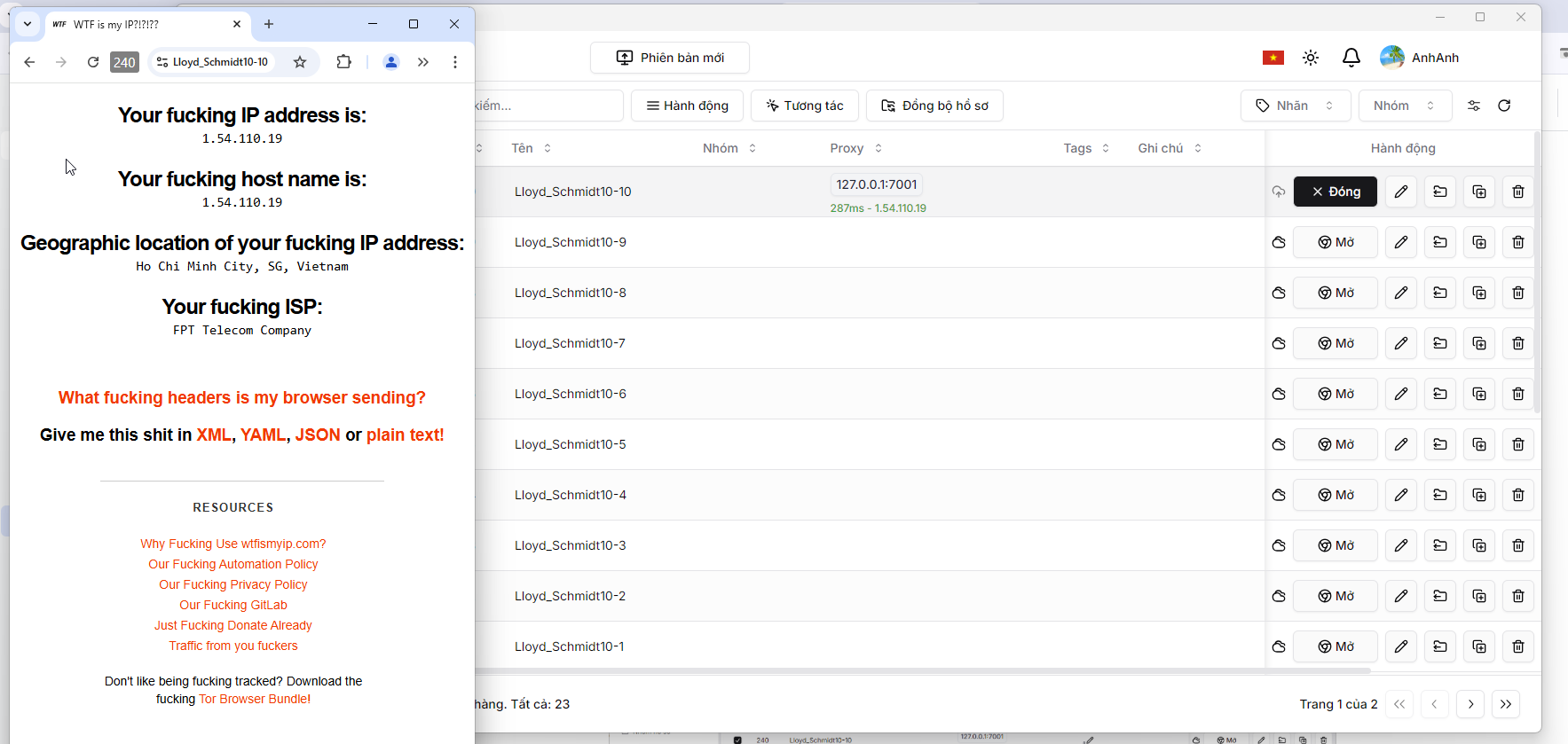 Check địa chỉ ip của hồ sơ PionLogin đă có ip của proxy hay chưa