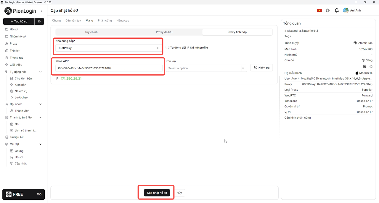 Cập nhật key proxy vào hồ sơ PionLogin