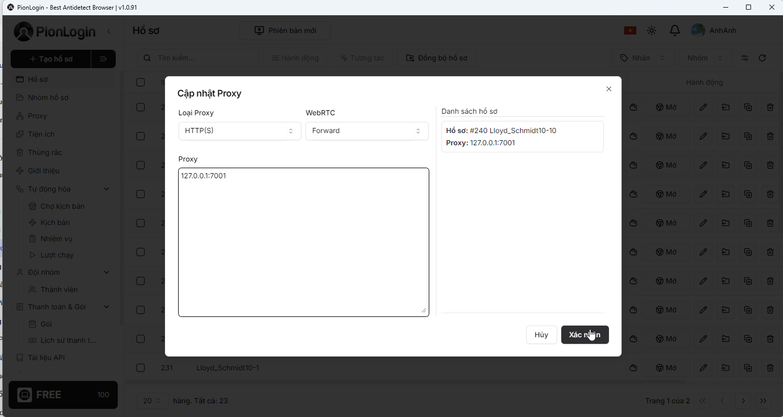Gắn địa chỉ local proxy vào hồ sơ