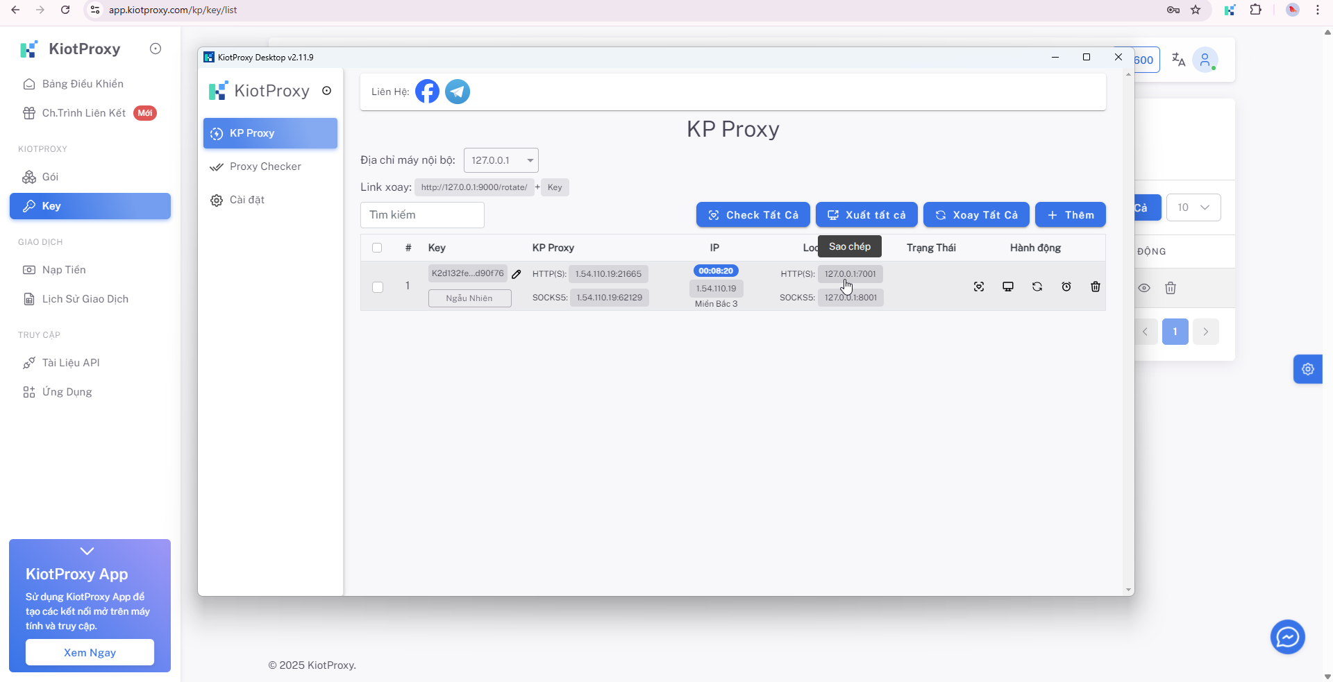 Sao chép địa chỉ local proxy để gắn vào phần mềm