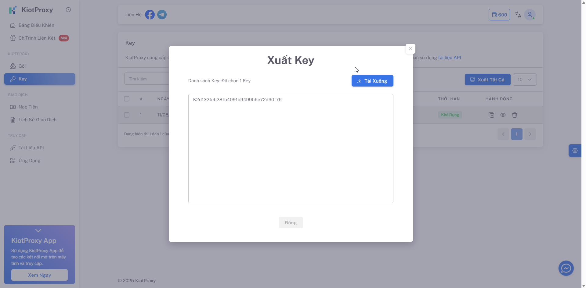 Lấy key proxy để gắn vào phần mềm
