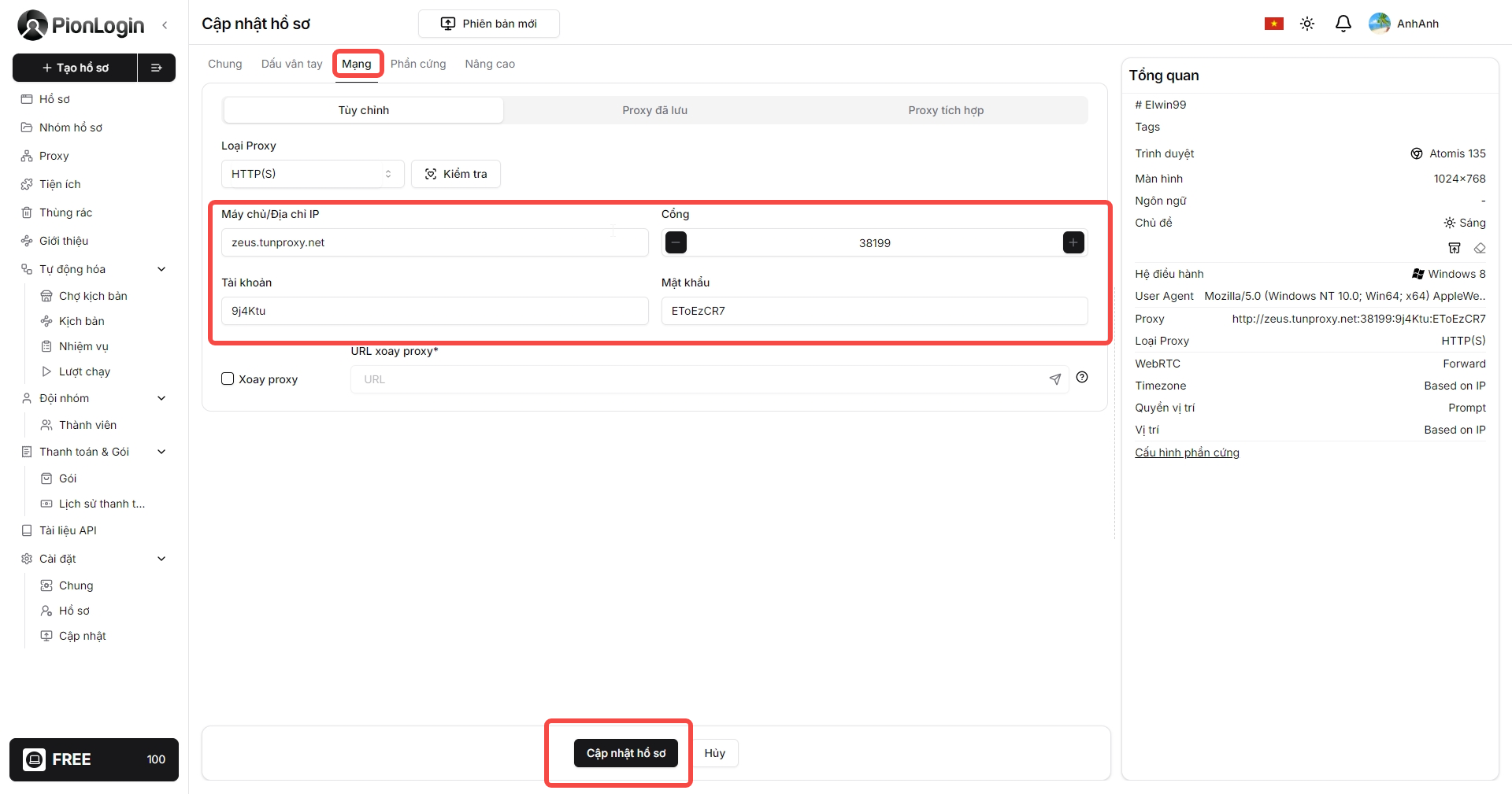 Gắn proxy vào hồ sơ đã tạo trước đó