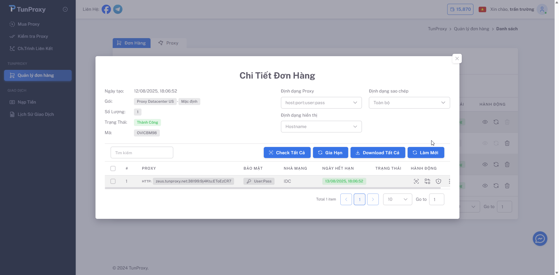Quản lý đơn hàng TunProxy