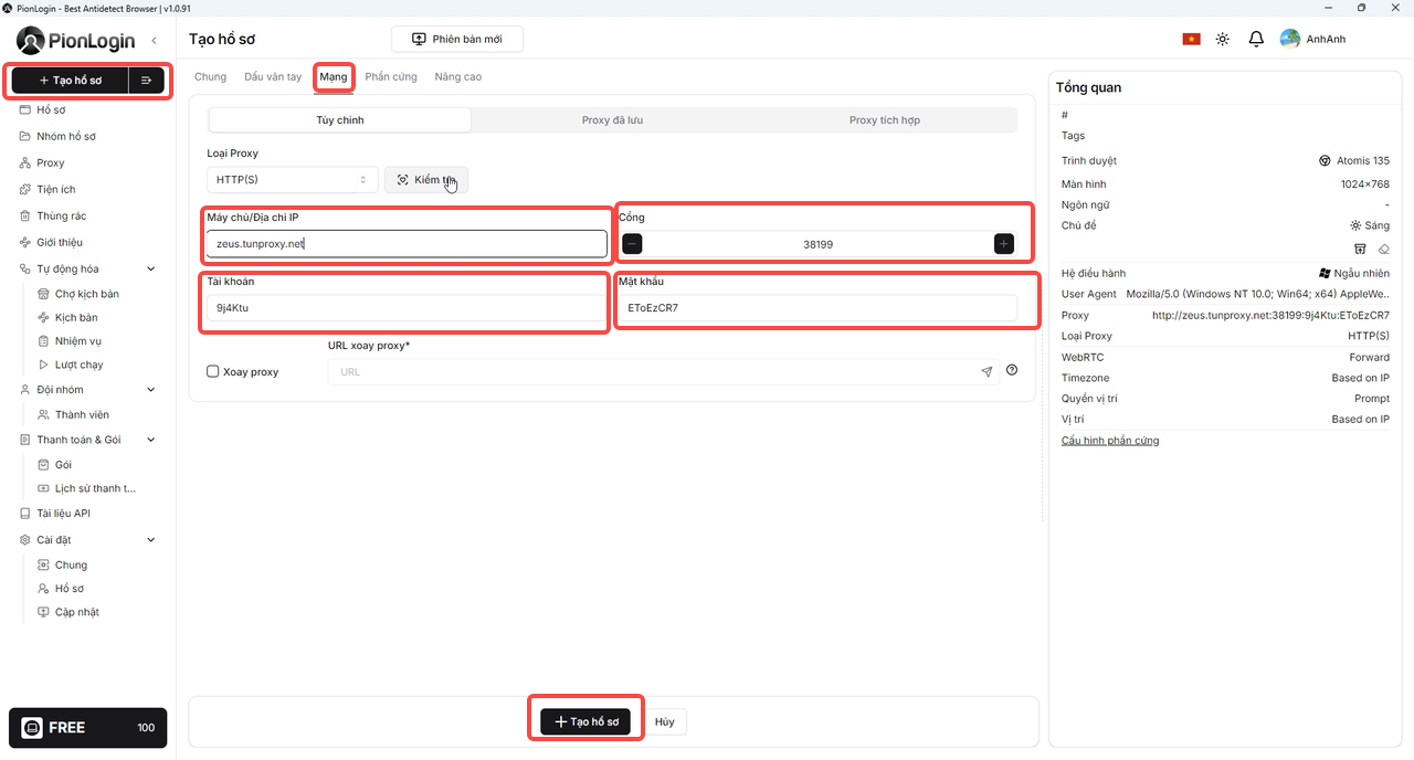Gắn proxy khi tạo hồ sơ mới