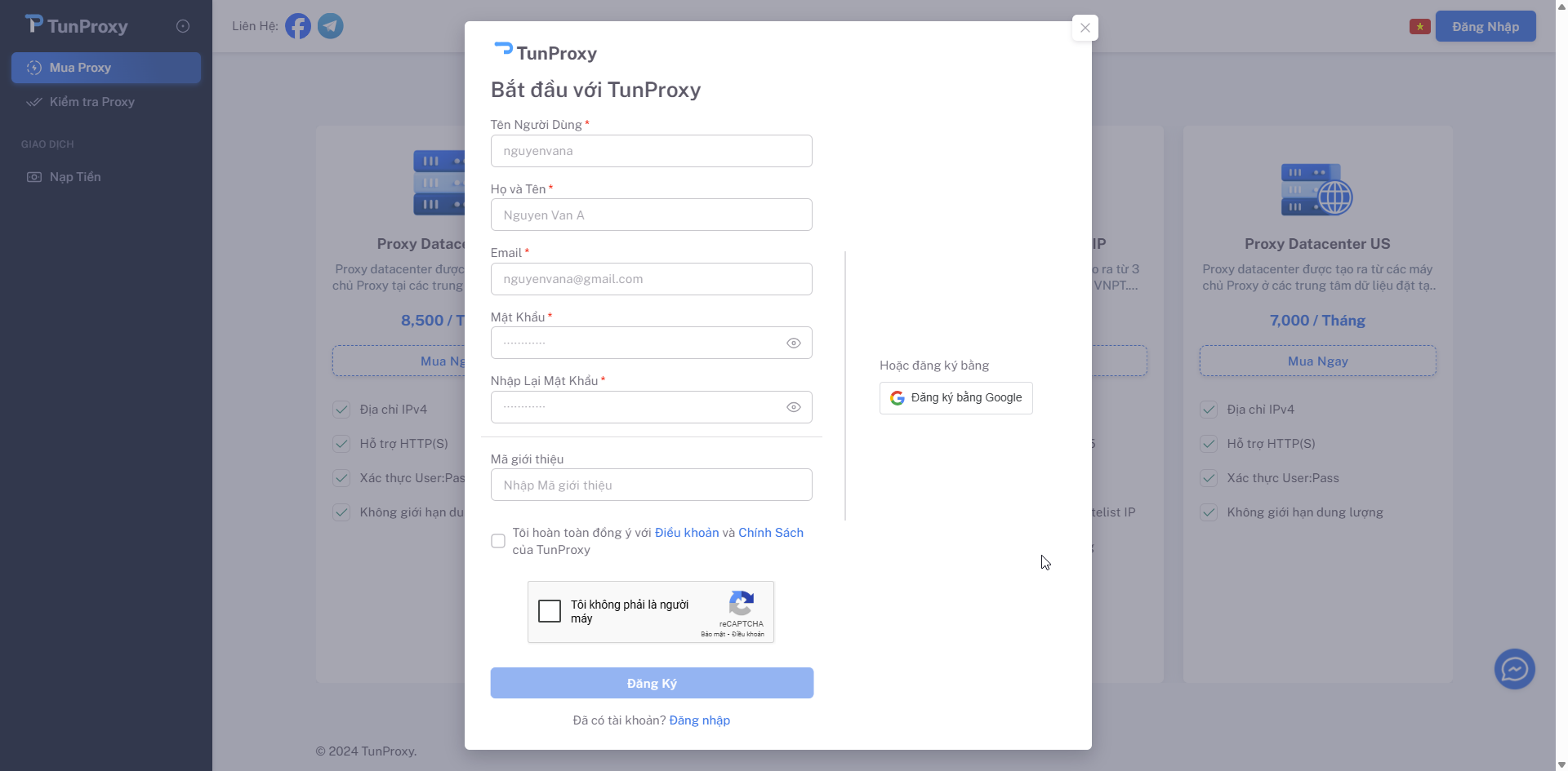 Đăng ký tài khoản TunProxy