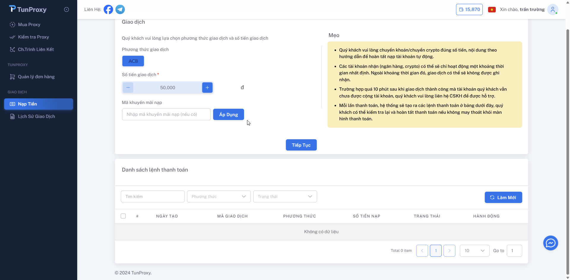 Nạp tiền trên TunProxy