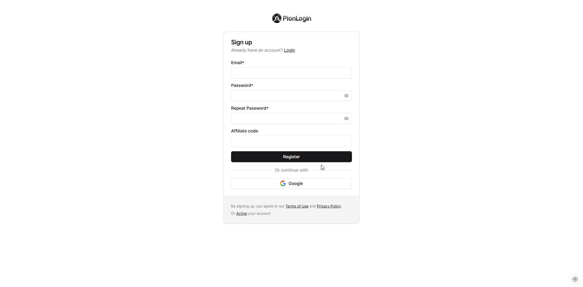 Đăng ký tài khoản PionLogin