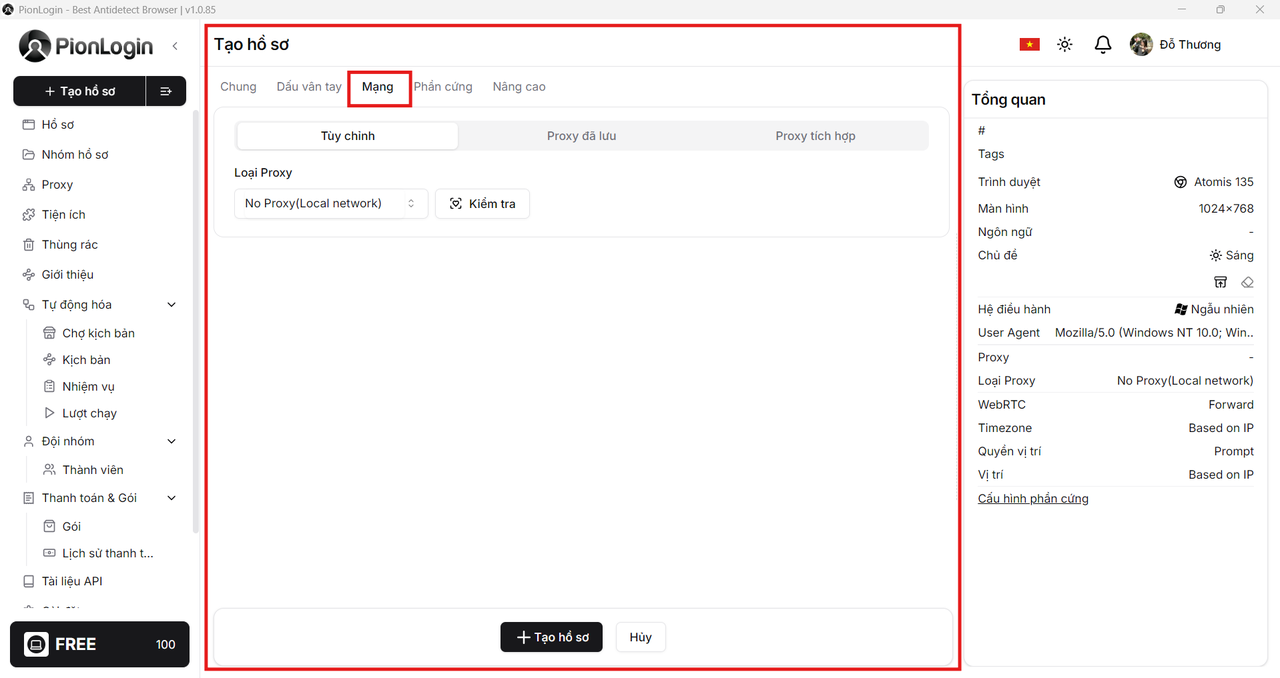 Điều chỉnh các thông số của hồ sơ