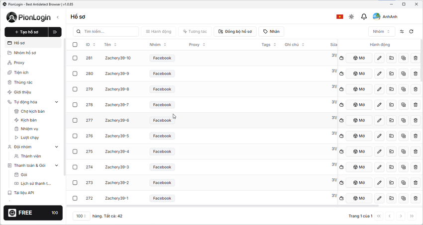 Quản lý tài khoản của PionLogin