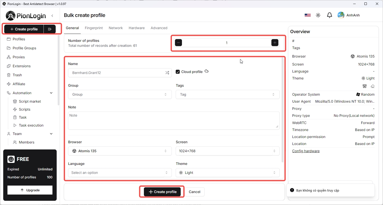 Tạo nhiều hồ sơ