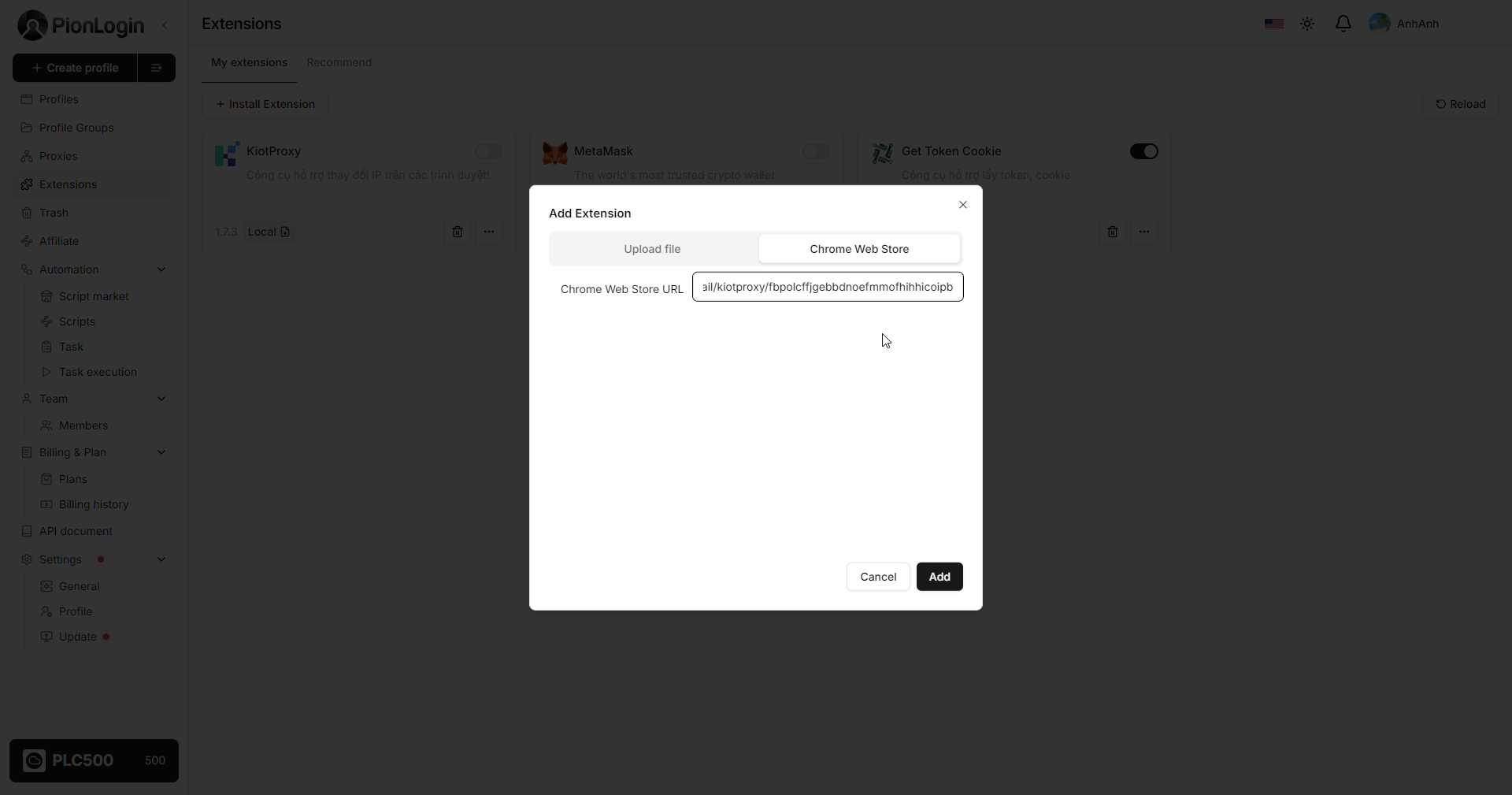 Gắn link extension vào PionLogin