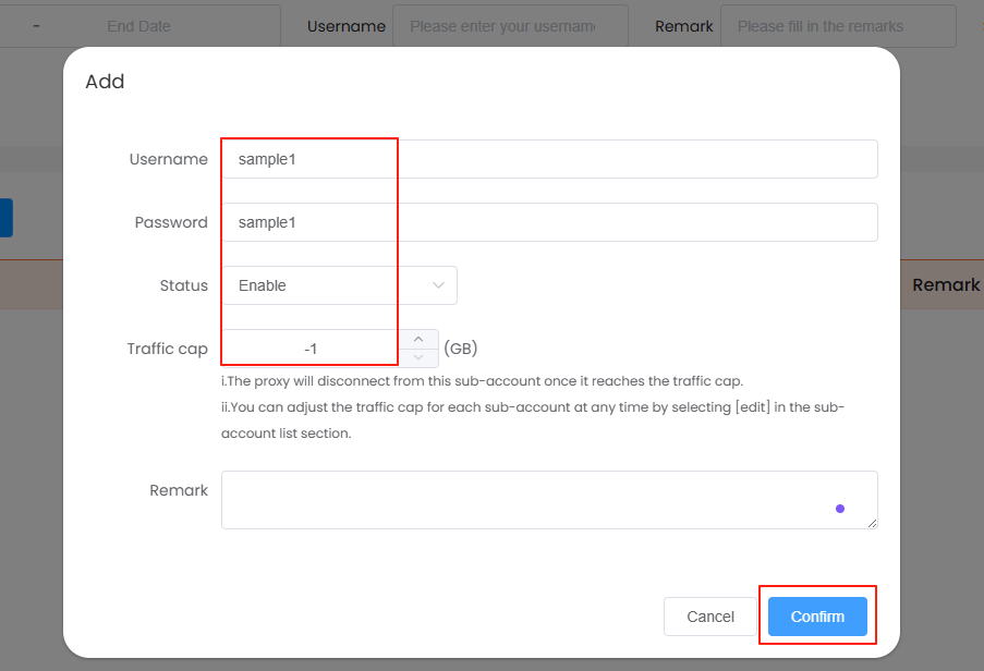 Enter sub account information