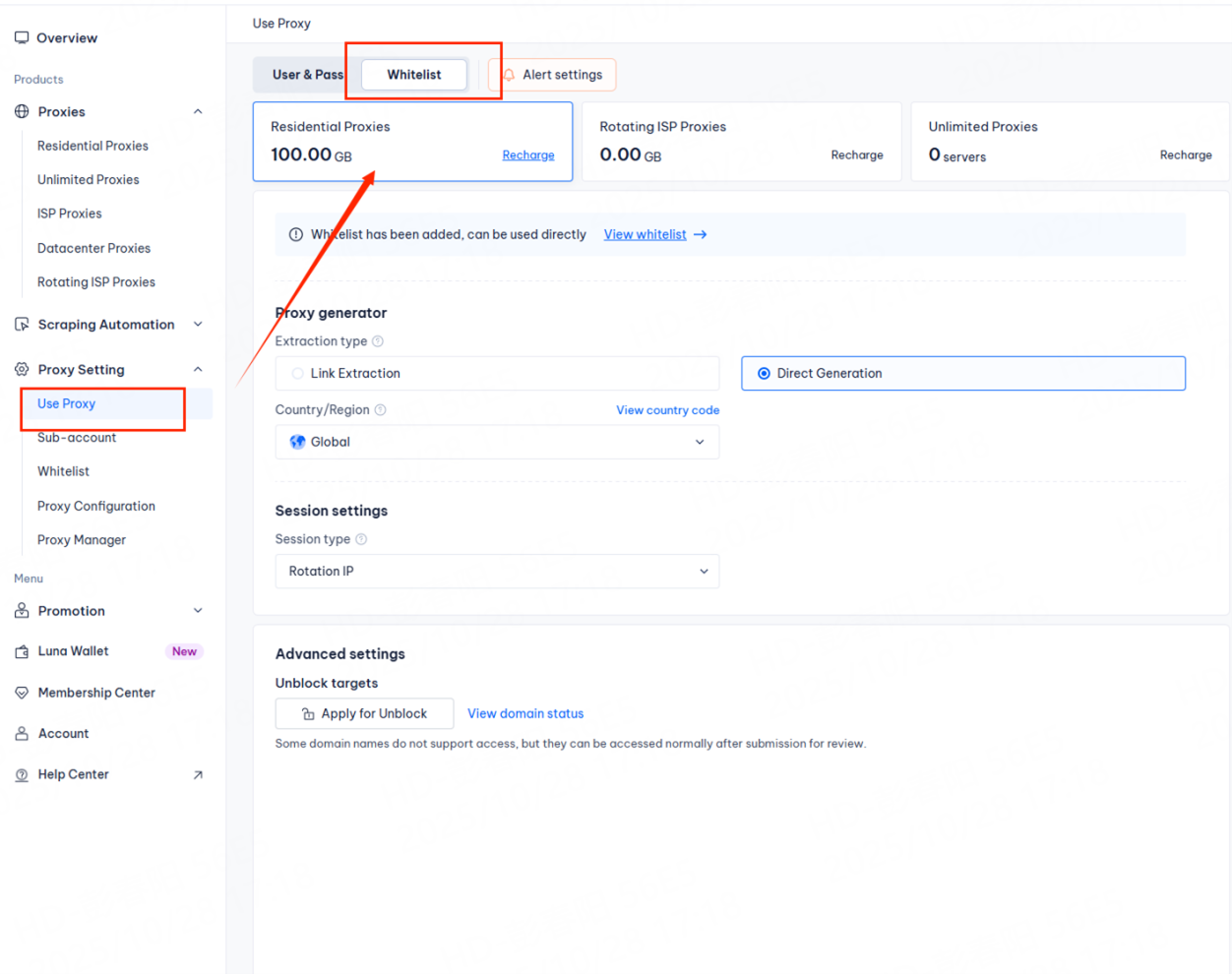 Click [Use Proxy] → [Residential Proxies], select [whitelist]