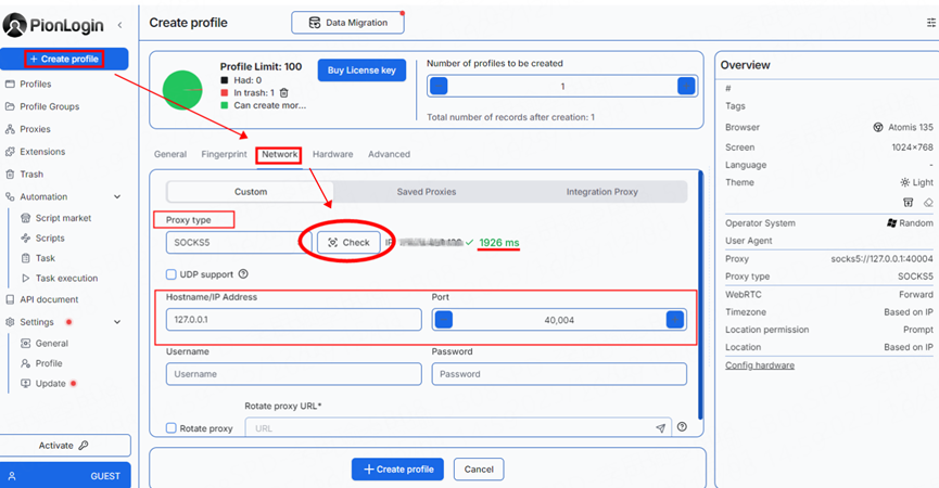 Mở PionLogin → Nhấp vào "Tạo Hồ sơ" → Chọn "Socks5" → Nhập trường "Proxy cục bộ" từ PIAProxy
